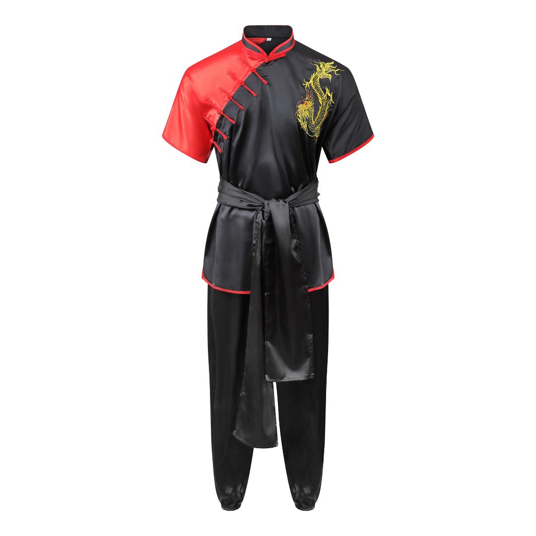 Competition Wushu Silk Uniform - Black/Red - Click Image to Close