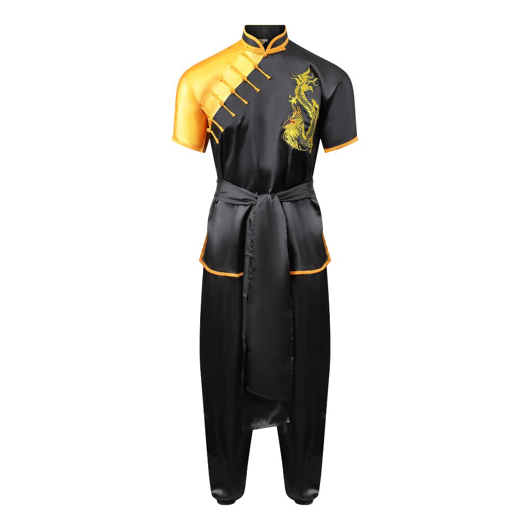Competition Wushu Silk Uniform - Black/Yellow - Click Image to Close